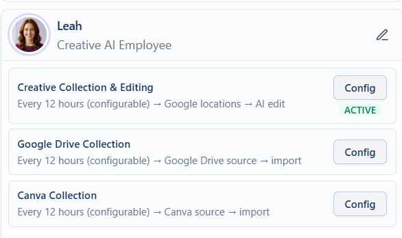 Leah Creative AI Employee configuration with Google UGC creative collection, Google Drive imports, and Canva imports.