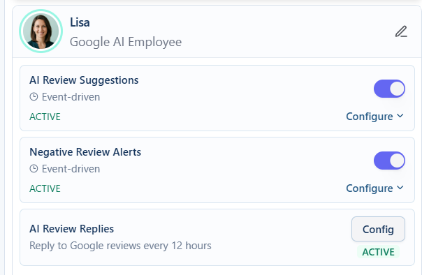 Lisa Google AI Employee configuration with review suggestions, negative review alerts, and review replies.